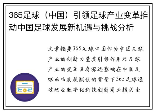 365足球（中国）引领足球产业变革推动中国足球发展新机遇与挑战分析